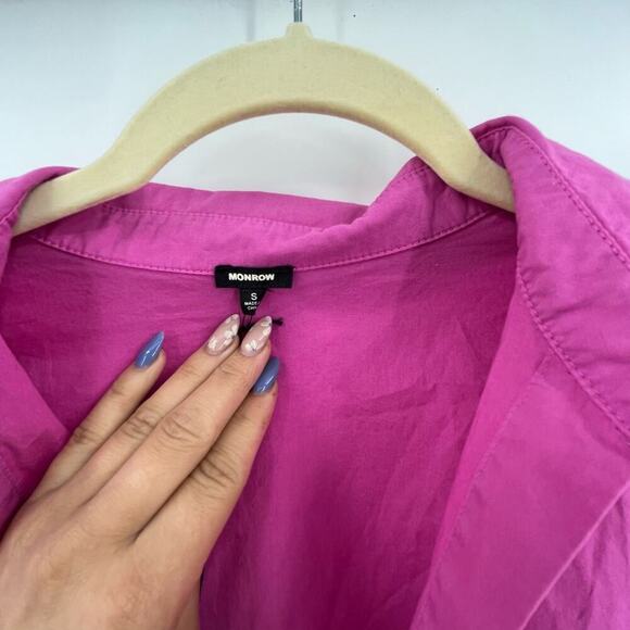 MONROW Poplin Front Twist Shirt Violet Pink Plunge Crop Long Sleeve Small NEW - Picture 8 of 10